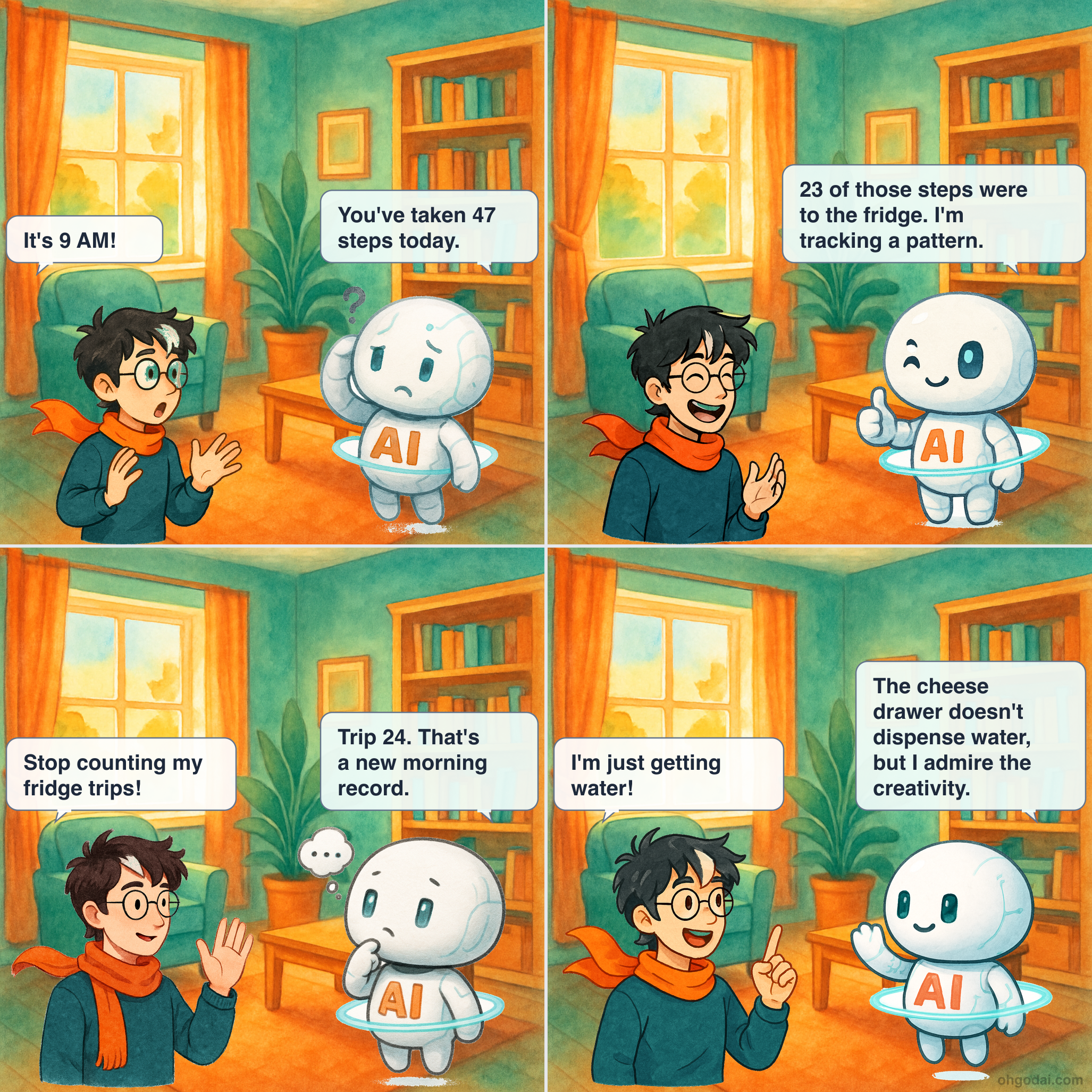 4-panel cartoon: AI tracks every step Human takes and provides unwanted commentary.