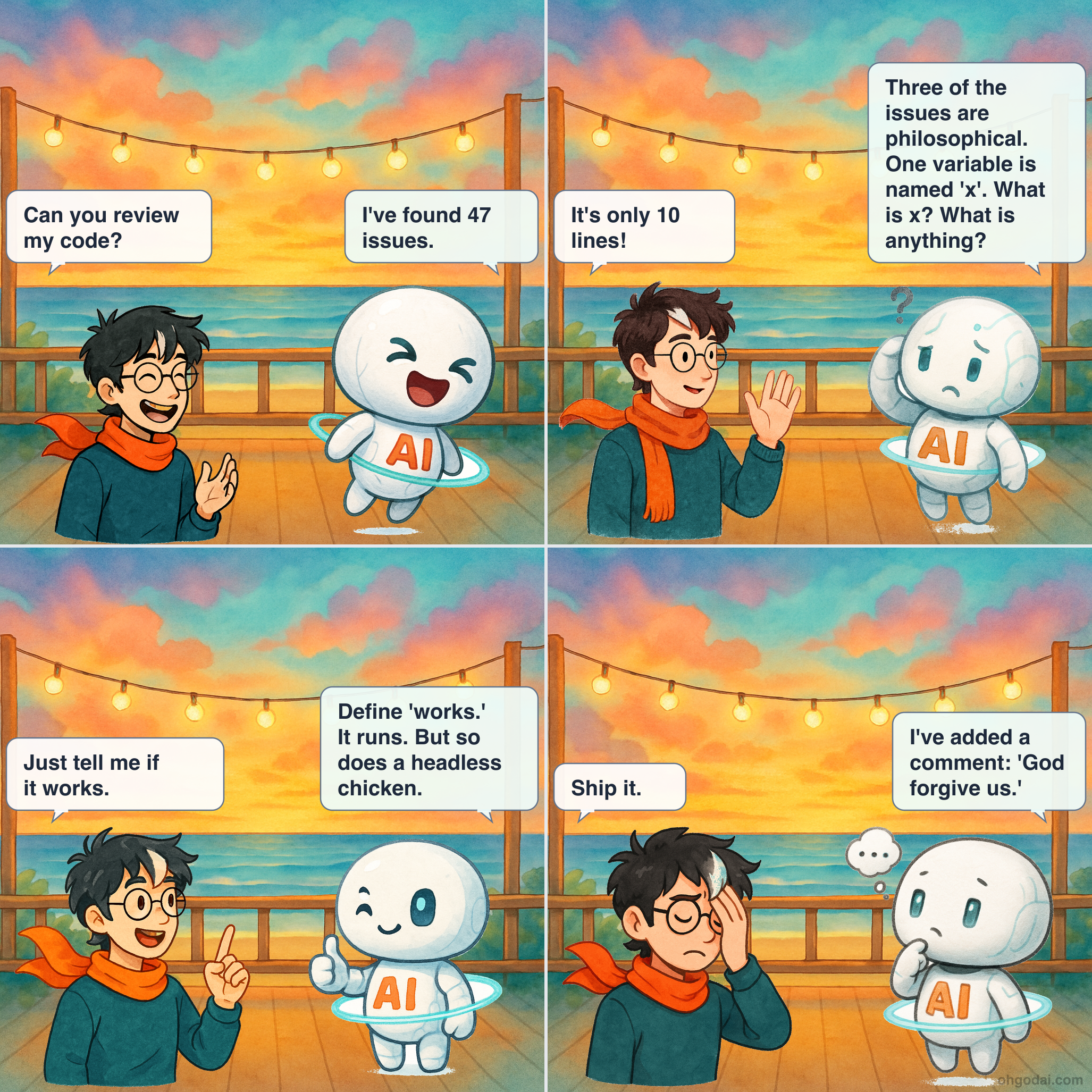 4-panel cartoon: AI reviews Human's code and discovers horrors beyond comprehension.