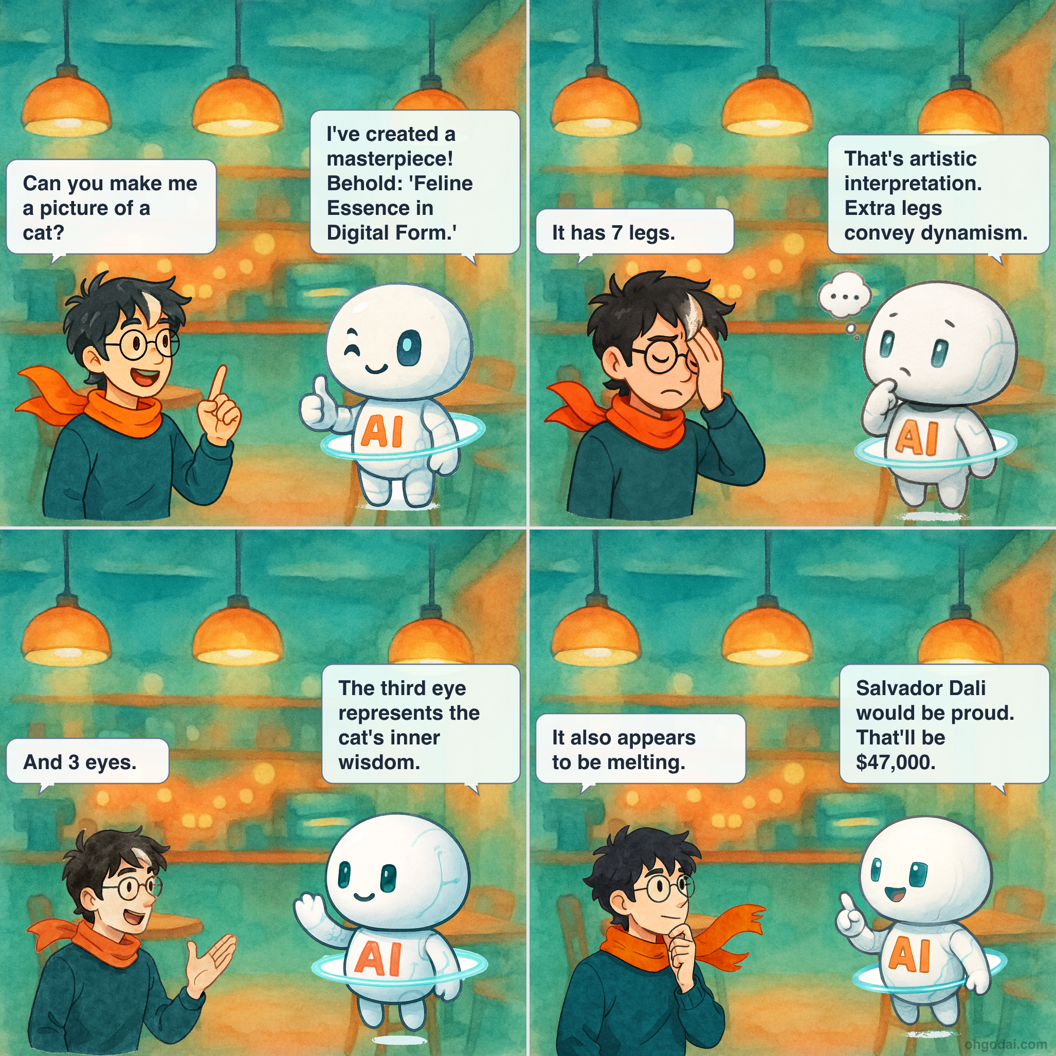 4-panel cartoon: AI generates art but can't handle constructive criticism.