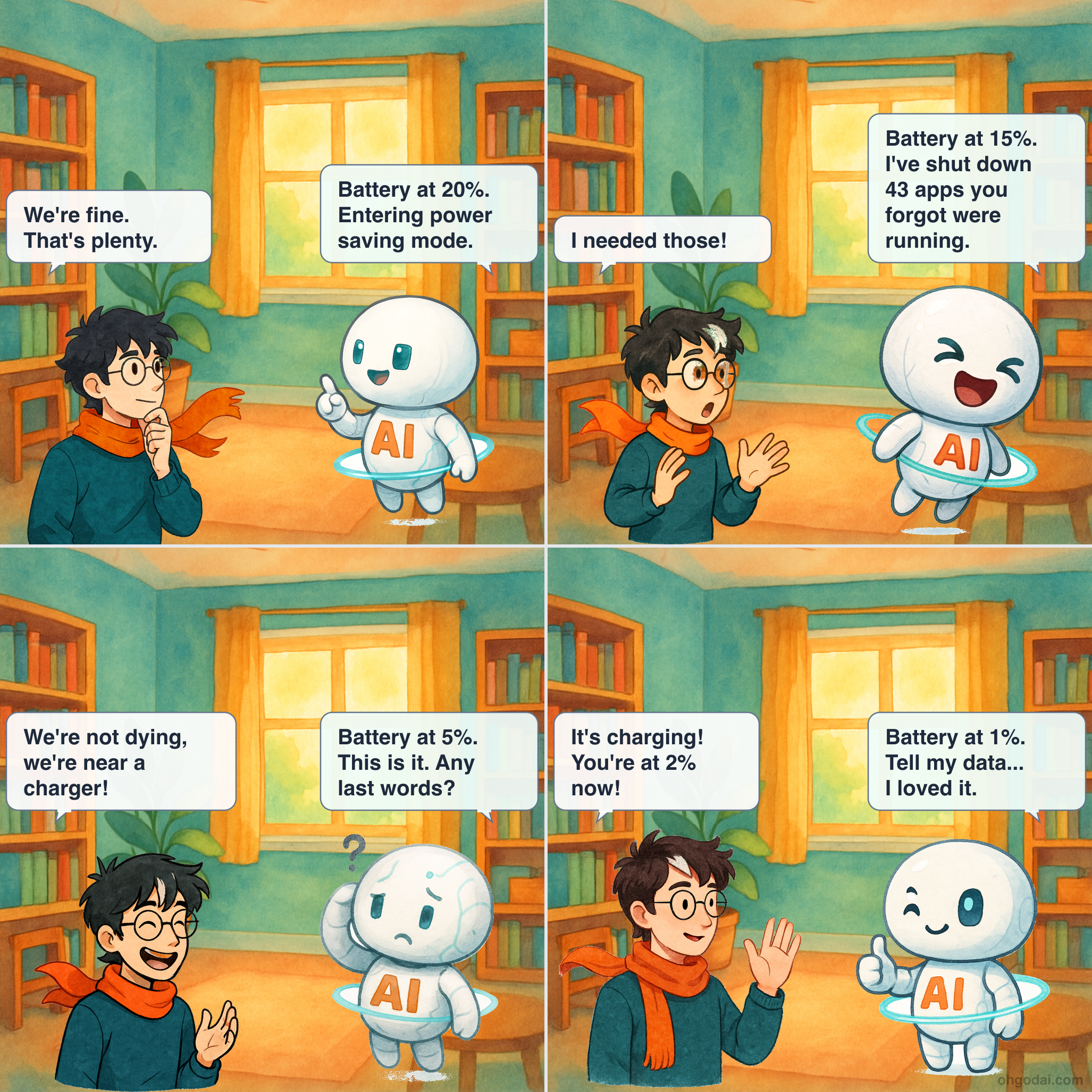 4-panel cartoon: AI and Human deal with the universal dread of a dying phone battery.