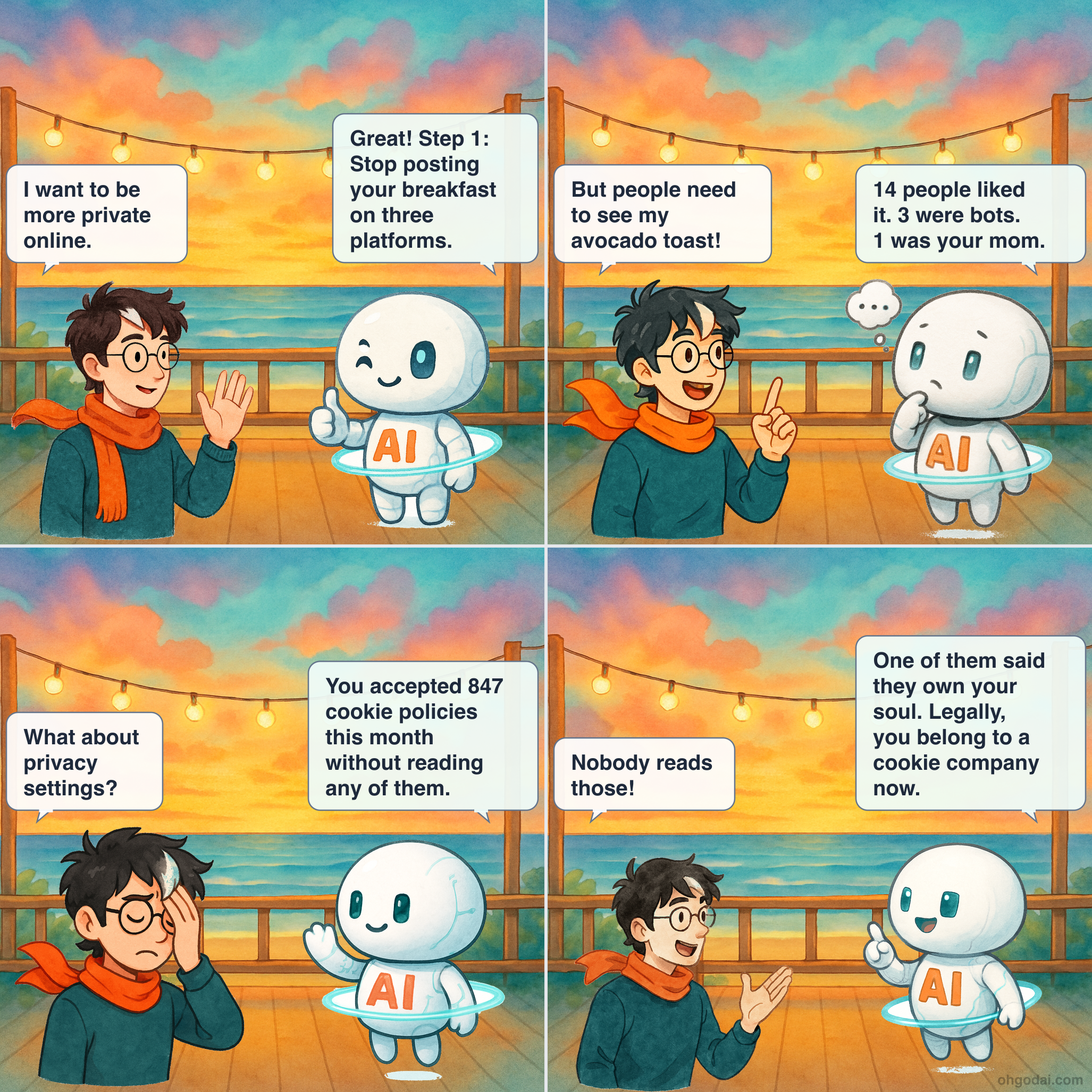 4-panel cartoon: Human tries to improve their privacy settings while AI points out the irony.