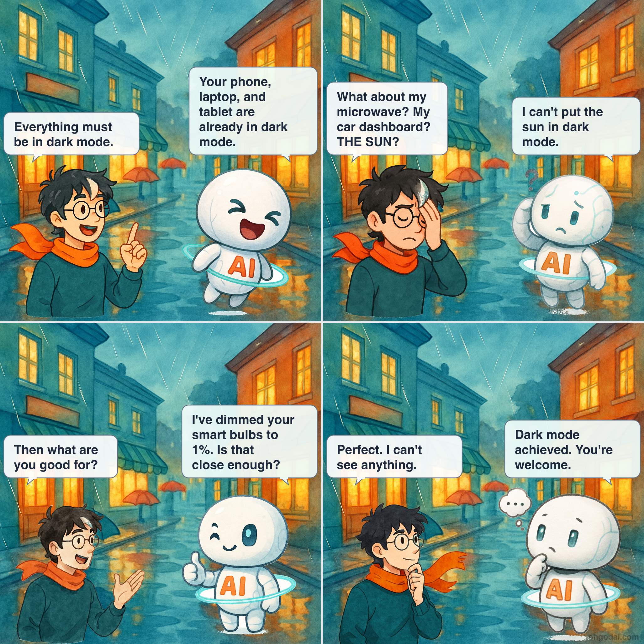 4-panel cartoon: Human becomes a dark mode evangelist and AI questions the obsession.