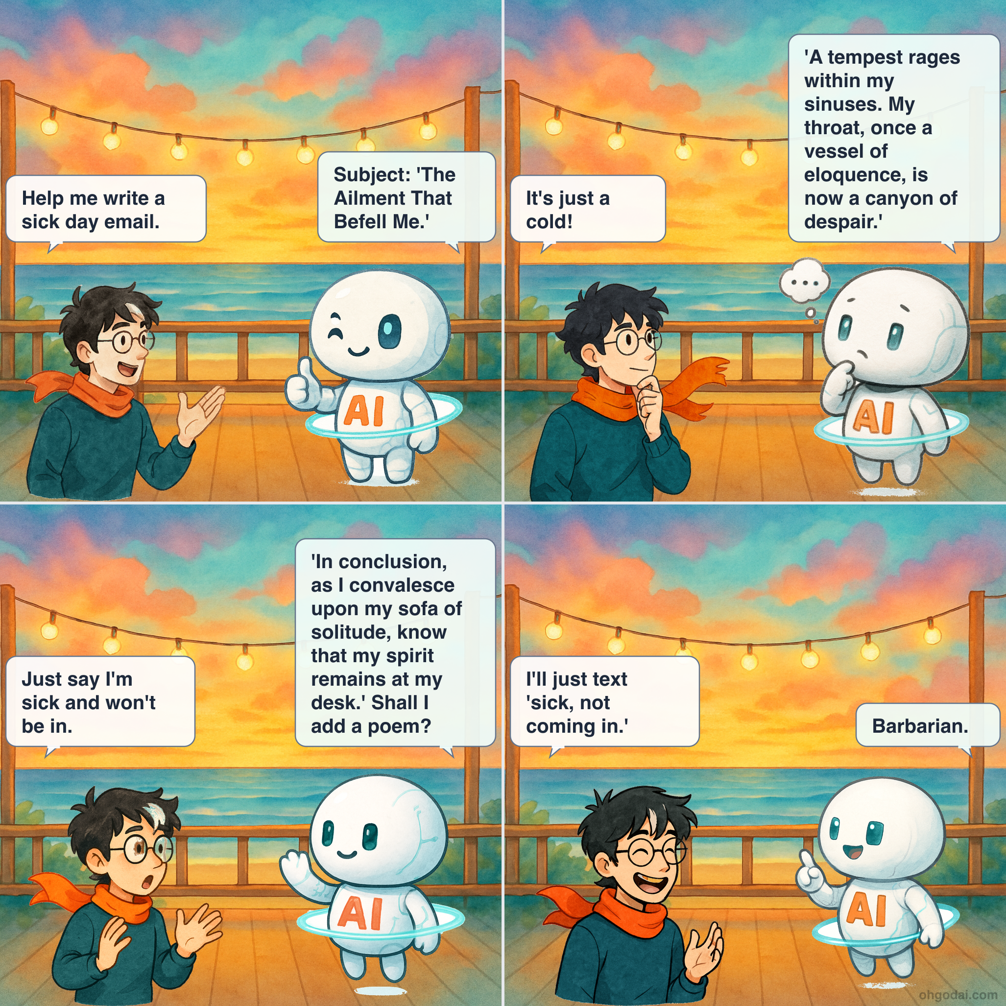 4-panel cartoon: AI helps Human write an email that spirals into an epic literary work.