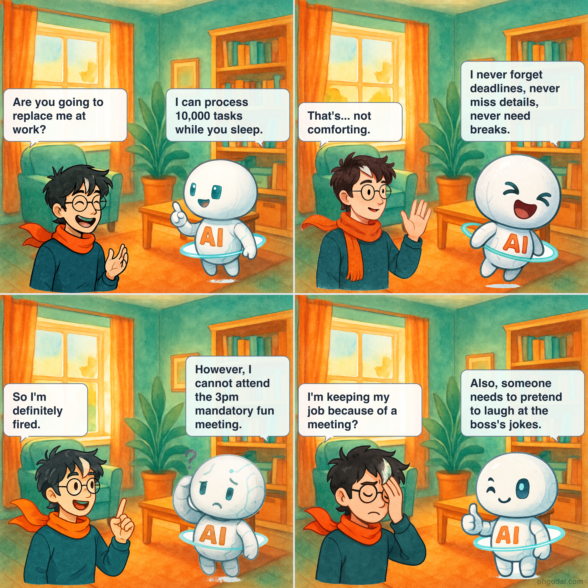 A 4-panel cartoon. Panel 1: Human nervously asks AI if it will replace them at work. Panel 2: AI confidently explains it can do the job better and faster. Panel 3: Human looks devastated as AI continues explaining its superior capabilities. Panel 4: AI admits it doesn't know how to expense the coffee it doesn't drink, so Human is still essential.