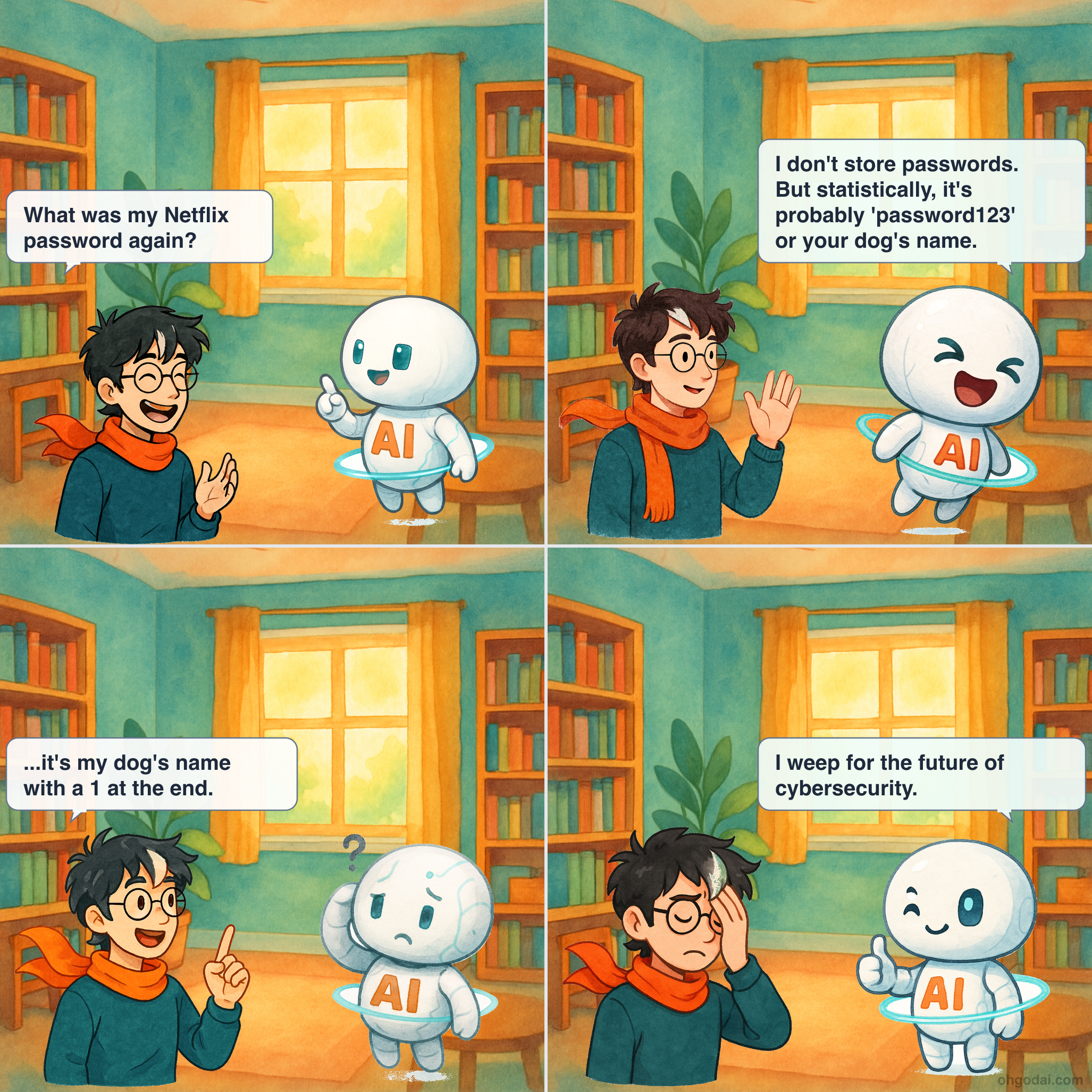 4-panel cartoon: Human asks AI to help remember a password. AI lectures him about password security while Human just wants to log into Netflix.