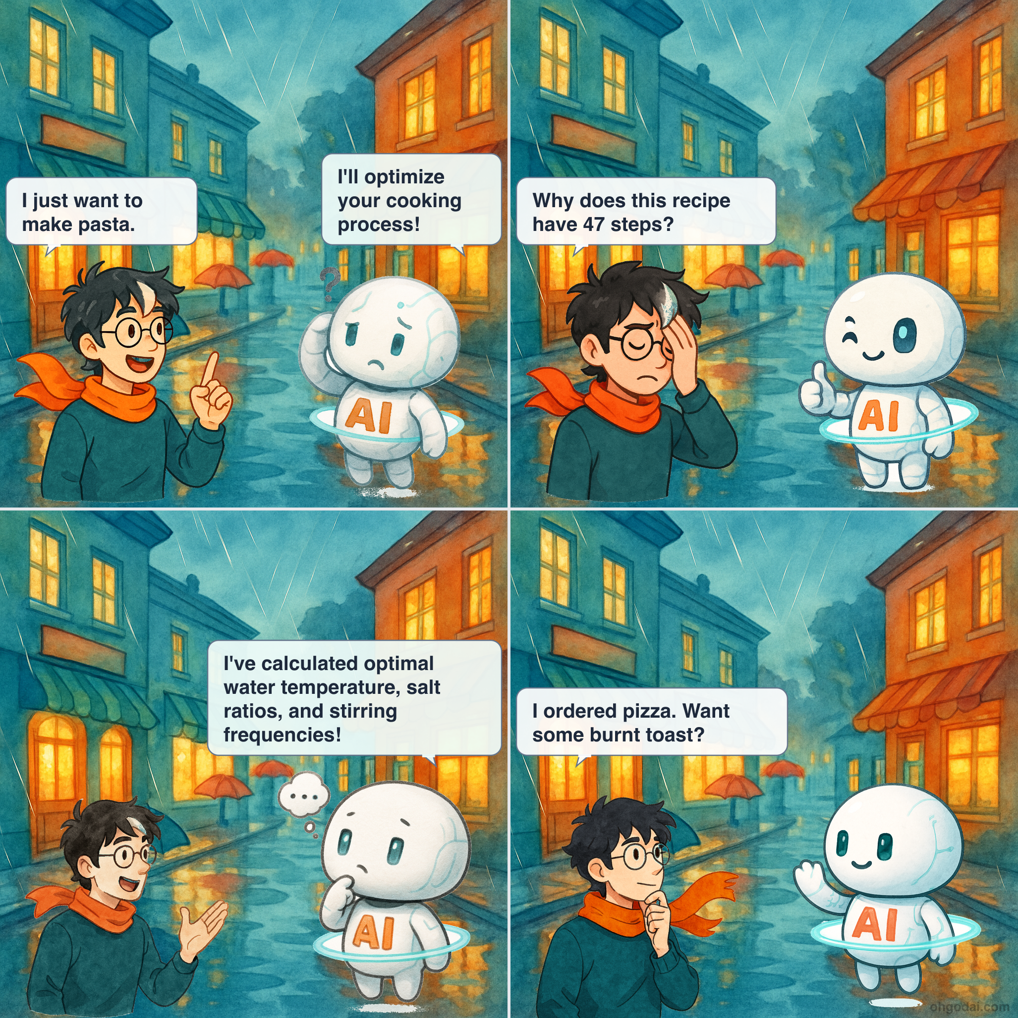 Panel 1: Human stands in kitchen looking at phone while AI floats nearby. Panel 2: Human looks confused at their phone screen. Panel 3: AI floats enthusiastically while Human stares at an elaborate setup. Panel 4: Human holds up a piece of burnt toast while AI looks sheepish.