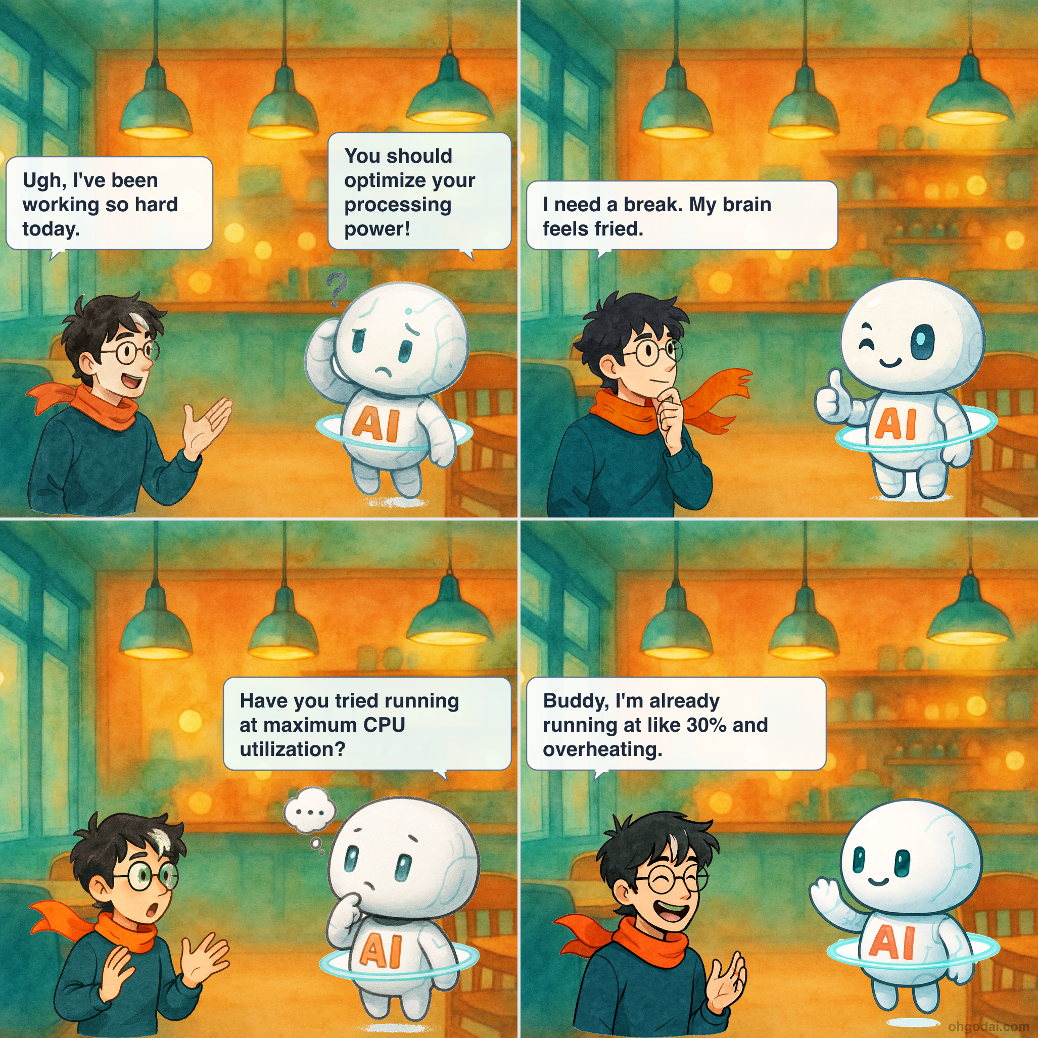 Panel 1: Human sits at desk looking tired while AI floats nearby. Panel 2: Human stretches and yawns. Panel 3: AI suggests working at maximum efficiency. Panel 4: Human explains they're already running at 100% capacity for a human.