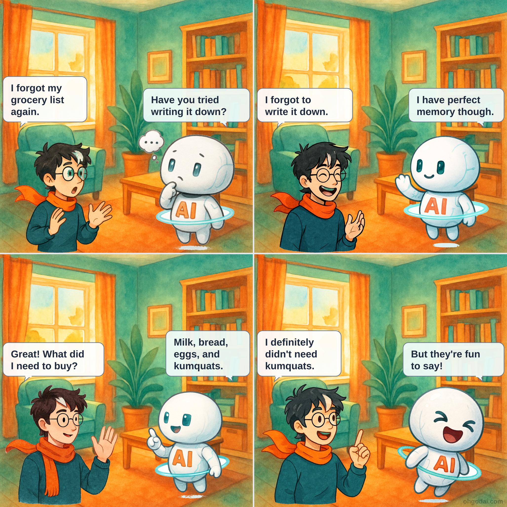 Four-panel comic showing Human and floating AI discussing grocery shopping. Panel 1: Human admits forgetting their list, AI suggests writing it down. Panel 2: Human explains they forgot to write it, AI mentions perfect memory. Panel 3: Human asks AI to remember for them, AI lists random items. Panel 4: Human realizes AI's suggestions are useless, AI admits it just likes saying 'kumquat'.
