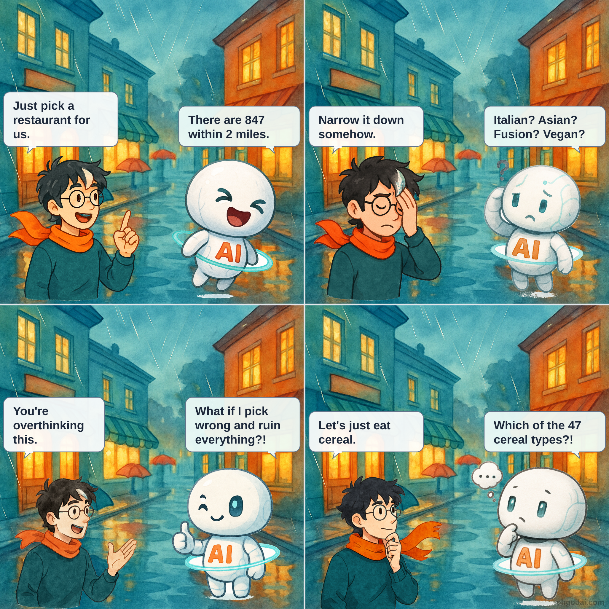 Four-panel comic showing Human talking to a floating AI companion about choosing a restaurant. In panel 1, Human asks AI to pick dinner. In panel 2, AI starts listing options. In panel 3, AI becomes overwhelmed by infinite possibilities. In panel 4, Human suggests they just eat cereal while AI continues spiraling.