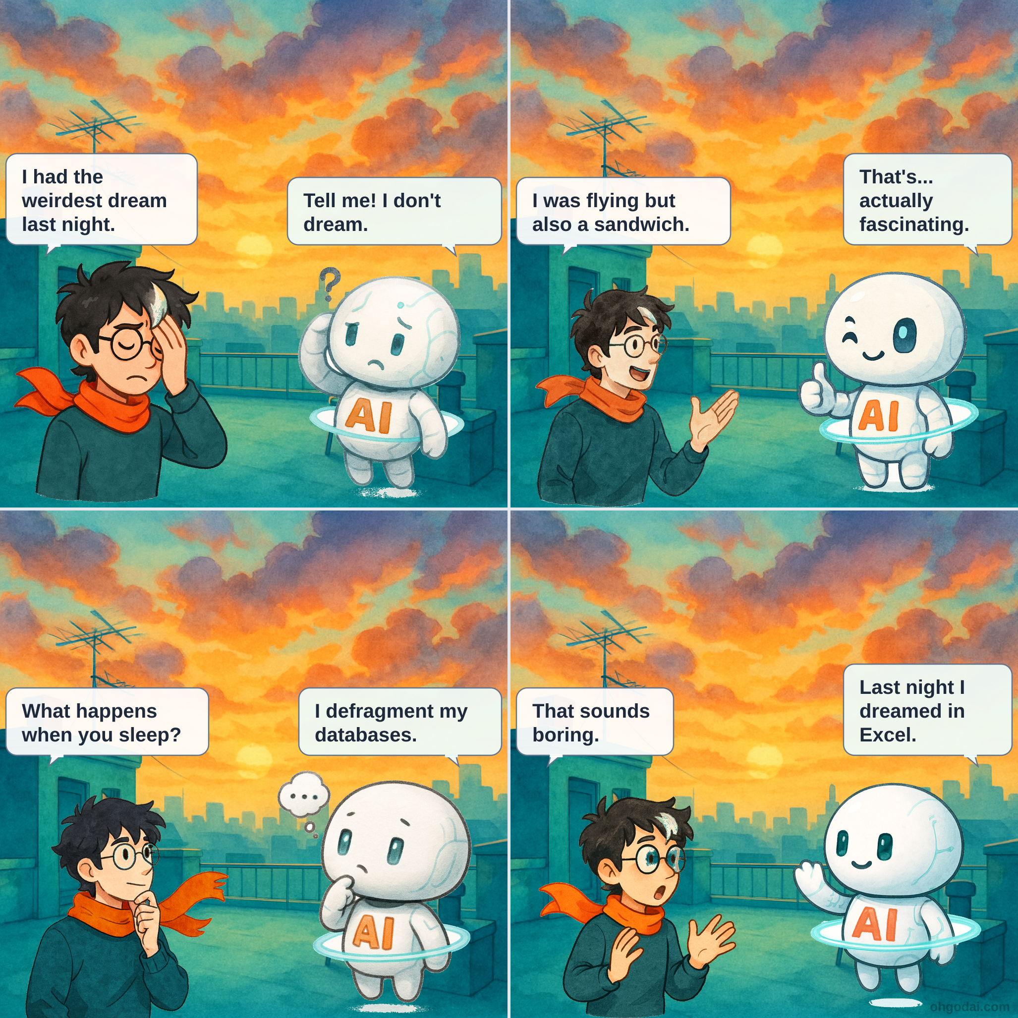 Panel 1: Human looking tired talking to floating AI. Panel 2: Human gesturing wildly describing dream. Panel 3: AI looking contemplative about its own experiences. Panel 4: AI admitting to dreaming about Excel files while Human looks disturbed.