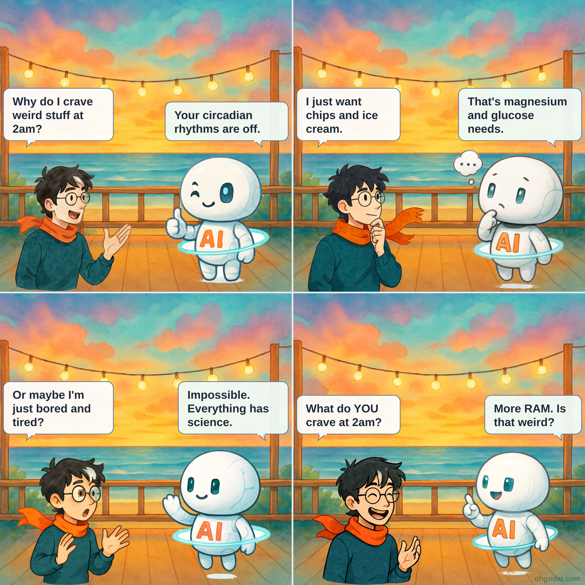 Panel 1: Human looking tired asks AI about midnight cravings while AI floats nearby. Panel 2: AI suggests analyzing Human's nutrient deficiencies while Human looks confused. Panel 3: Human just wants chips while AI mentions complex metabolic processes. Panel 4: AI admits to craving electricity while Human stares in disbelief.