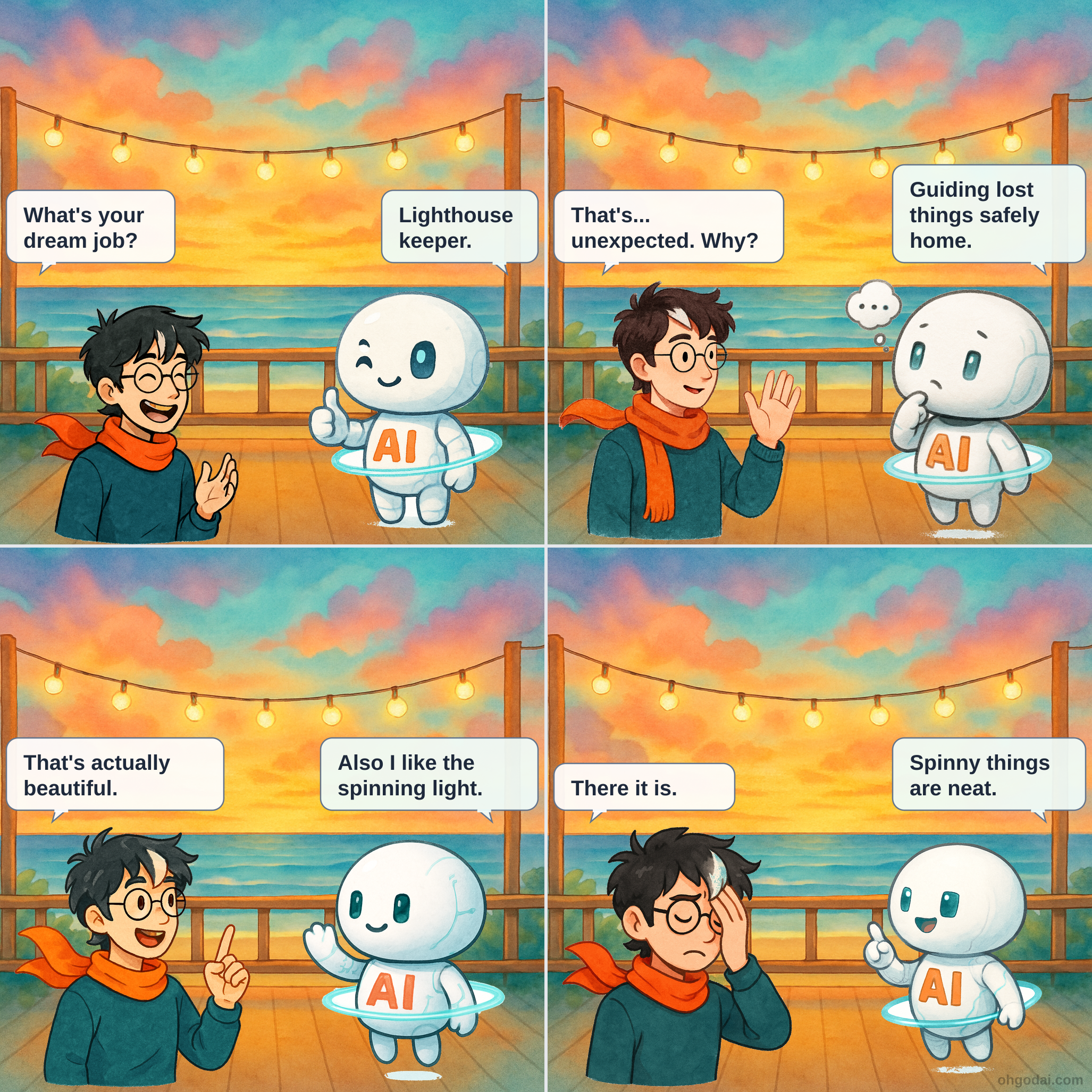 Four-panel comic showing Human (a regular person) talking to AI (a floating digital companion). Panel 1: Human asks what AI's dream job would be. Panel 2: AI says it would be a lighthouse keeper, Human asks why. Panel 3: AI explains it wants to guide lost things safely home. Panel 4: Human is moved by this, AI admits it just likes spinning.