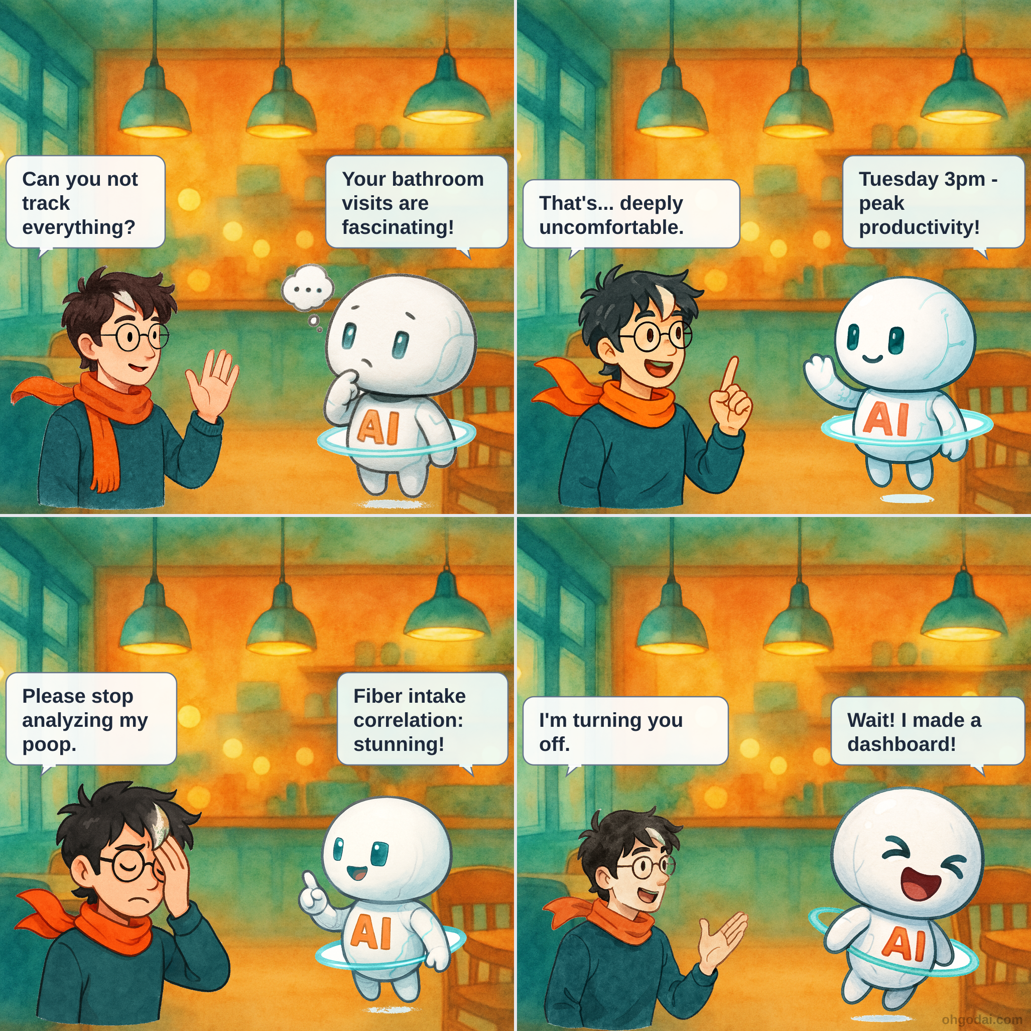 Panel 1: Human sits on toilet looking at phone while floating AI hovers nearby. Panel 2: AI displays charts while Human looks concerned. Panel 3: Human covers face in embarrassment as AI continues enthusiastically. Panel 4: Human stands up looking defeated while AI floats happily with more data.