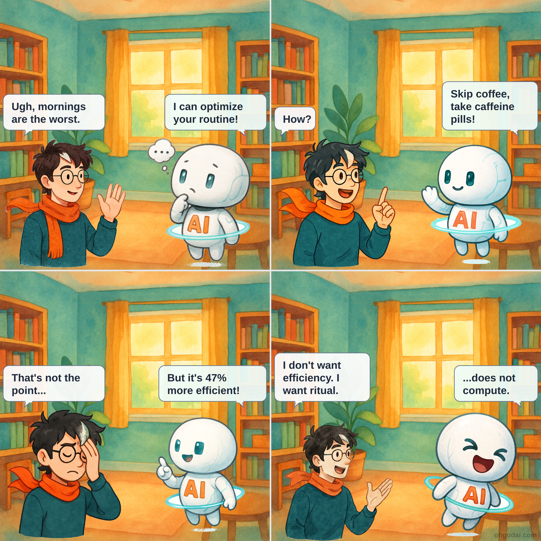 Four-panel comic showing Human and floating AI discussing morning routines. Panel 1: Human holds coffee mug looking tired. Panel 2: AI suggests optimization while Human looks skeptical. Panel 3: AI gets technical while Human remains unimpressed. Panel 4: Human explains the real reason for coffee while AI floats confusedly.